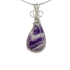 Amethyst Pendant Necklace Flower Charm ~  Amethyst Jewelry Sterling Silver Wire Wrapped Pendant