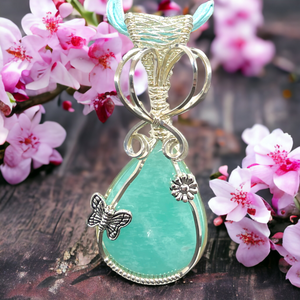 Green Stone Pendant Necklace ~ Amazonite  Butterfly & Flower Jewelry Pendant  ~ Wire Wrapped In Antique Copper