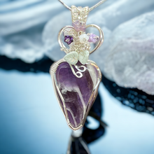 Amethyst Wire Wrapped Pendant Necklace Glass Flowers & Leaf Accents  Amethyst Jewelry Sterling Silver