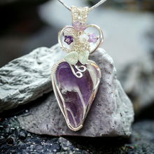 Amethyst Wire Wrapped Pendant Necklace Glass Flowers & Leaf Accents  Amethyst Jewelry Sterling Silver