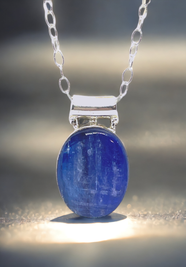 Blue  Stone Necklace Pendant, Blue Kyanite Stone Pendant Sterling Silver