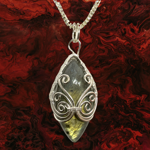 Labradorite Diamond Pendant Necklace,  Sterling Silver Wire Wrapped Pendant
