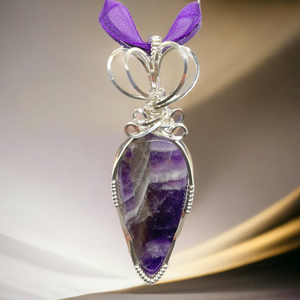 Amethyst Purple Stone Pendant Necklace ~  Sterling Silver Wire Wrapped Pendant