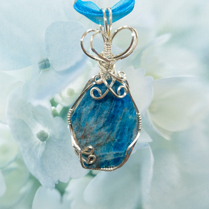 Blue Stone Pendant Necklace  Apatite in Sterling Silver Wire Wrapped