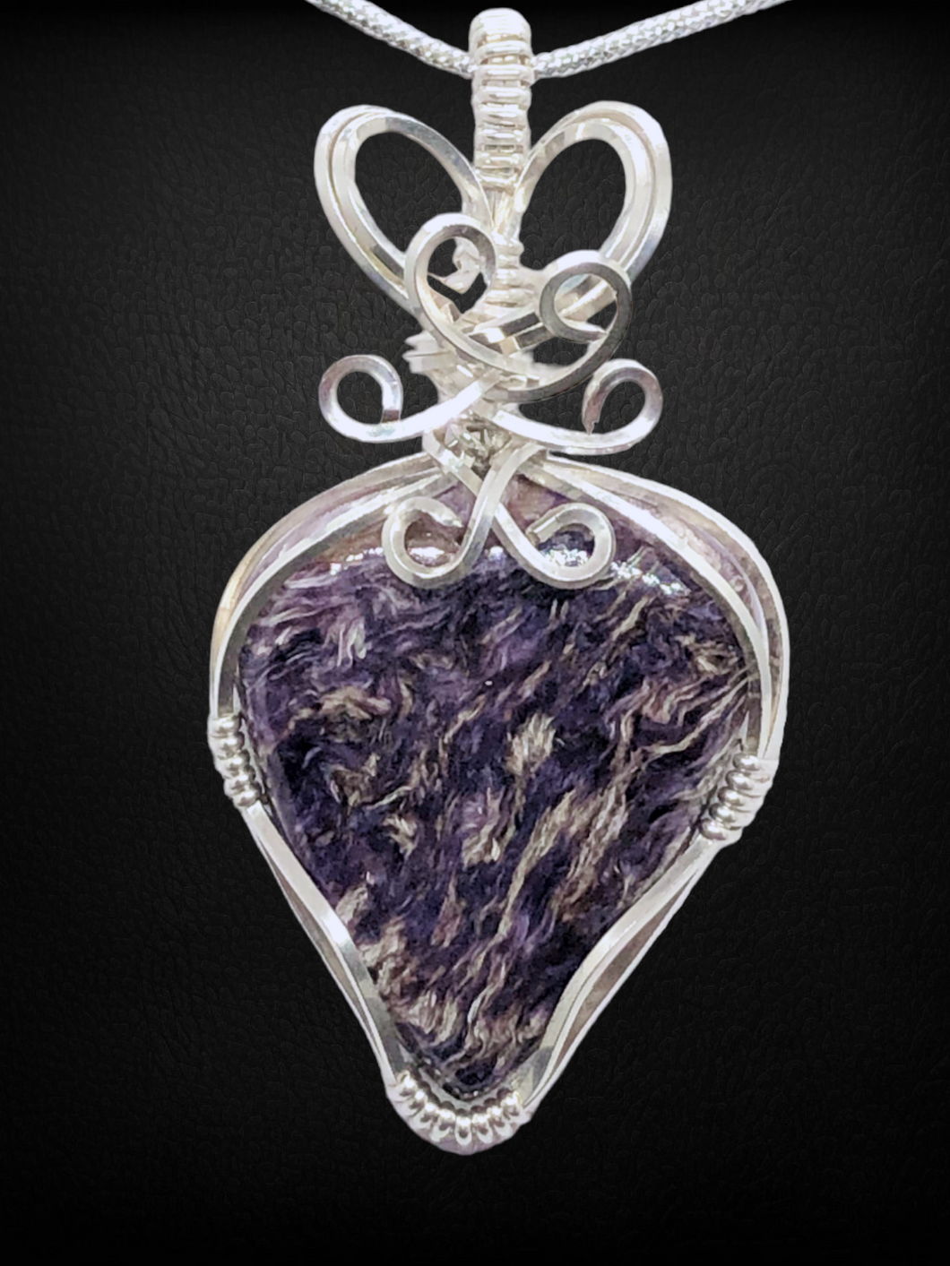 Purple Charoite Stone Pendant Necklace In Sterling Silver ~ Wire Wrapped Pendant