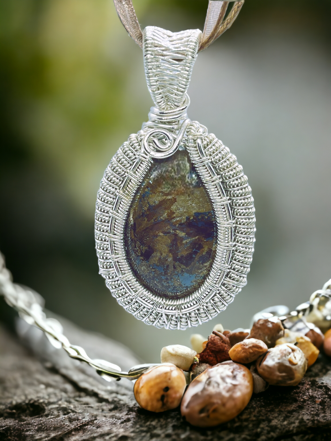 Bronzite Jasper Pendant Necklace, Wire Wrapped Pendant