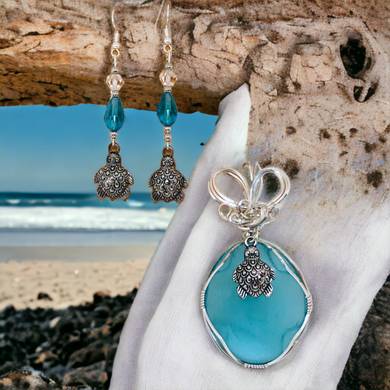 Blue Sea Glass Sea Turtle Pendant and Earring Set
