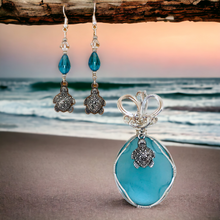 Blue Sea Glass Sea Turtle Pendant and Earring Set