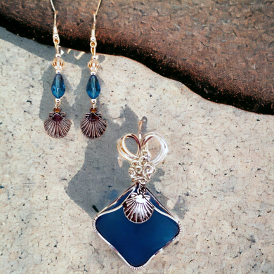 Blue Sea Glass Pendant and Earring Set