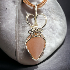 Peach Moonstone Pendant , Wire Wrapped Pendant in Sterling Silver