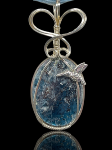 Blue  Stone Necklace Pendant, Blue Kyanite Stone Pendant, Humming Bird Pendant, Wire Wrapped Silver Pendant
