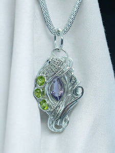 Amethyst Wire Wrapped Pendant With Peridot Accent Stones Comes Silver Mesh Necklace