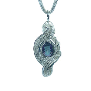 Mystic Topaz Silver Wire Wrapped Purple Pendant Necklace With Silver Mesh Chain