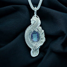 Mystic Topaz Silver Wire Wrapped Purple Pendant Necklace With Silver Mesh Chain