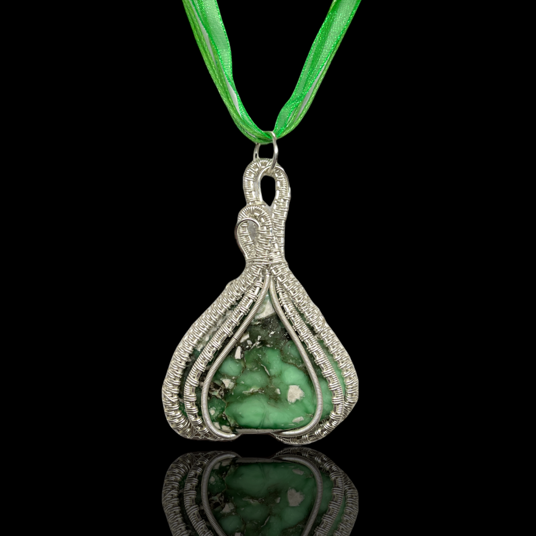 Green Stone Variscite Pendant Wire Wrapped  in Sterling Silver