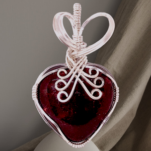 Red Heart Wire Wrapped Dichroic Pendant in Sterling Silver