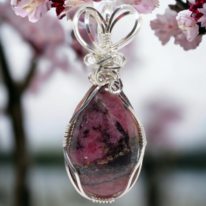 Pink Stone Pendant  ~ Rhodonite Jewelry ~ Wire Wrapped Pendant In Sterling Silver