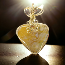 Yellow Stone Pendant  Agate Druzy Wire Wrapped Heart Pendant in Gold Jeweler's Brass