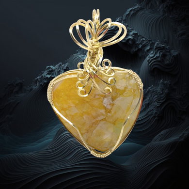 Yellow Stone Pendant  Agate Druzy Wire Wrapped Heart Pendant in Gold Jeweler's Brass
