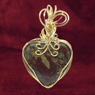 Green Stone Heart Pendant Necklace ~ Dragon Blood Wire Wrapped Heart Pendant