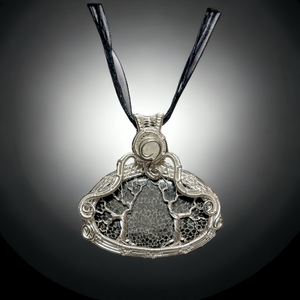Black Stone Pendant Necklace,  Stingray Black Coral Pendant, Double Tree of Life  in Silver Wire Wrap