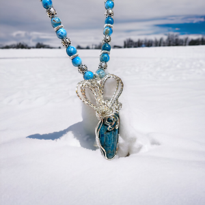 Blue Stone Pendant Apatite, Sterling Silver Pendant & Beaded Necklace,  Blue and  Silver Necklace