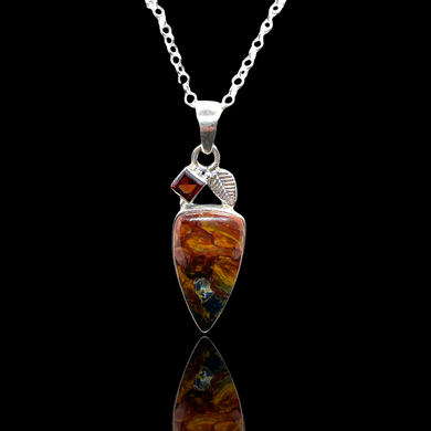 Pietersite Silver Pendant With Garnet Accent    925 Sterling Silver