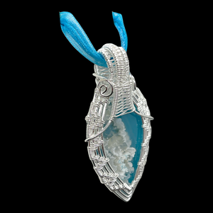 Blue & White Stone Pendant Sterling Silver Plume Agate Doublet