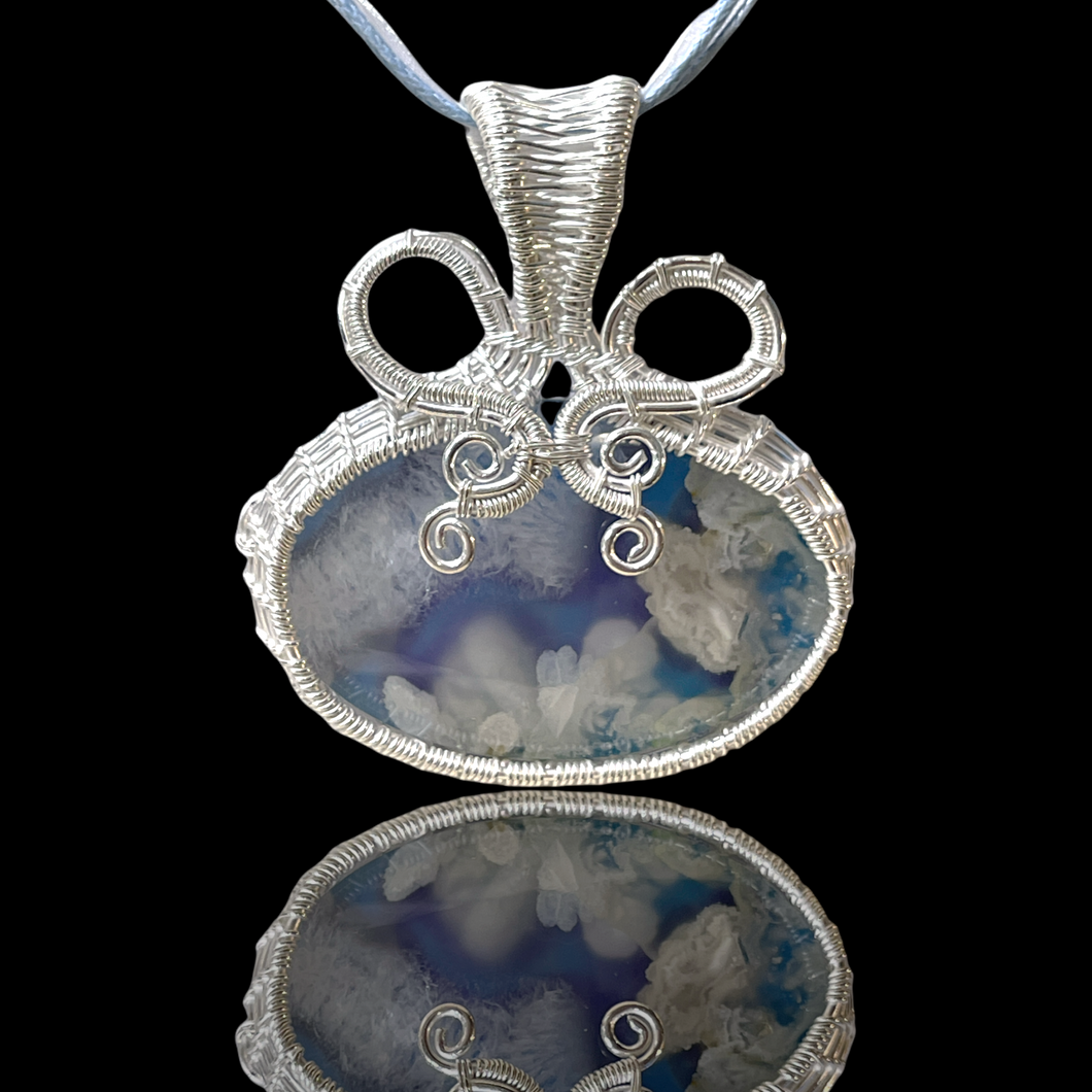 Blue Agate Stone Pendant Sterling Silver Plume Agate Doublet