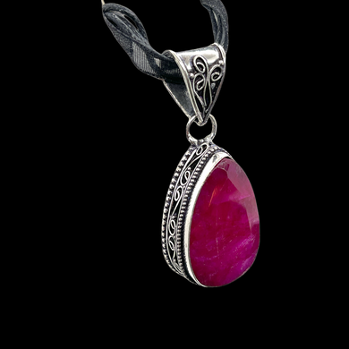 Ruby Pendant, Antique Sterling Silver Pendant Necklace