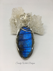 Labradorite Wire Wrapped Pendant Flashy Blue Stone in Sterling Silver
