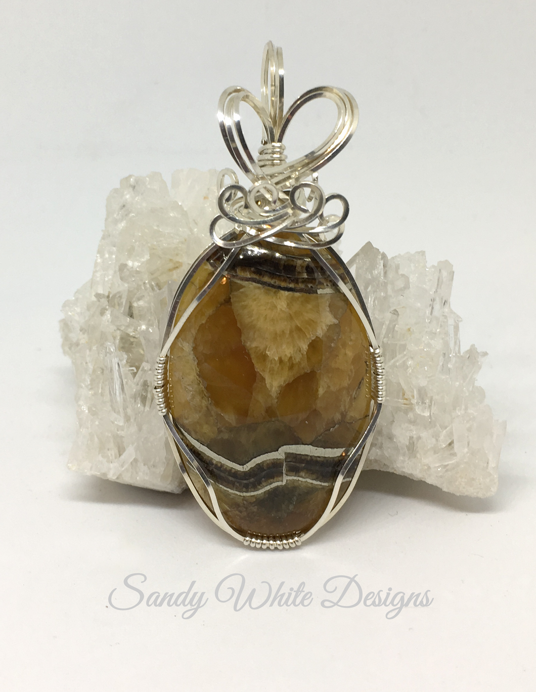 Amber Simbircite Pendant Sterling Silver With Ammonite & Pyrite Wire Wrapped Pendant